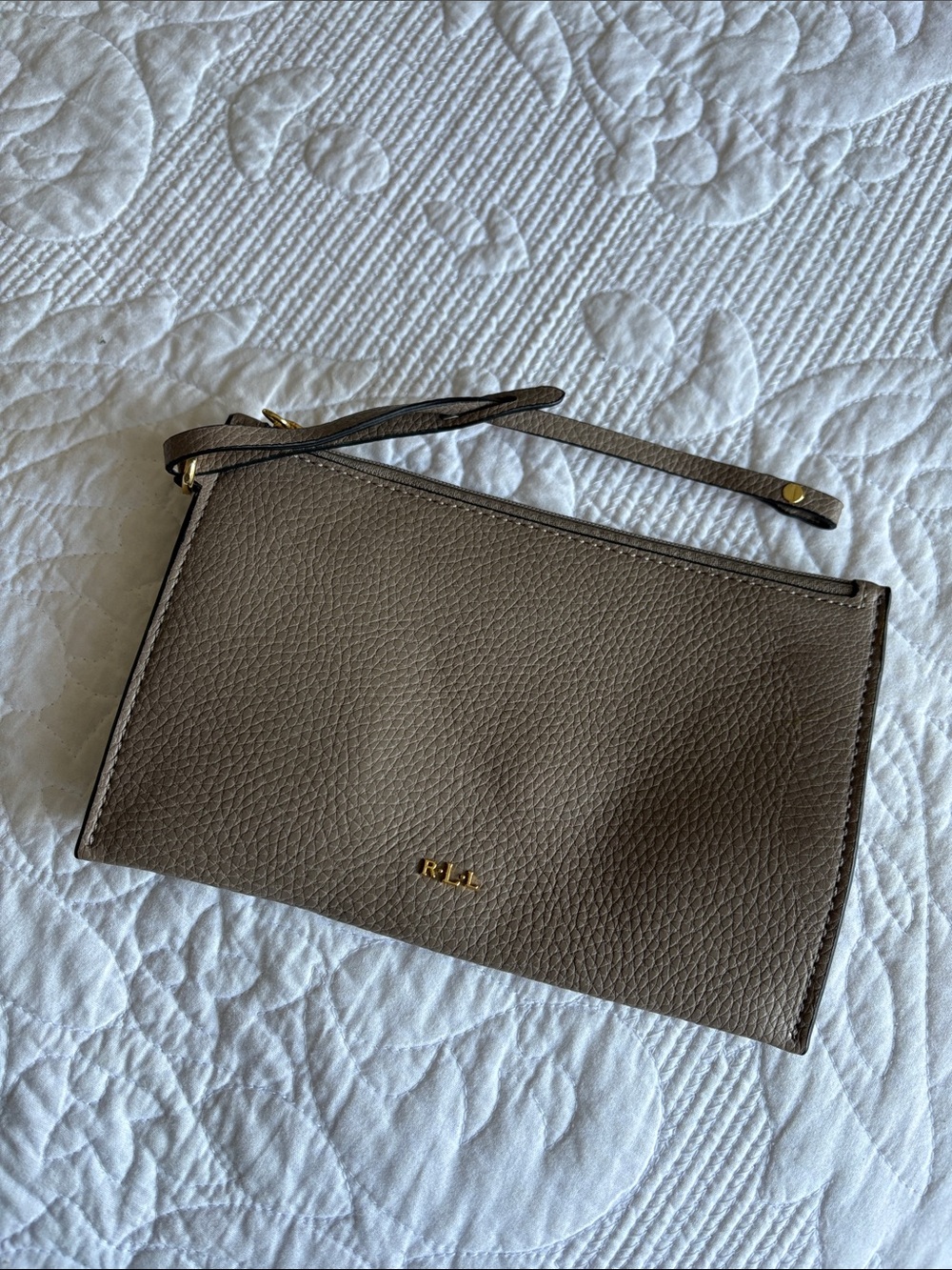 Ralph Lauren Taupe Leather Wristlet Clutch with Gold Hardware